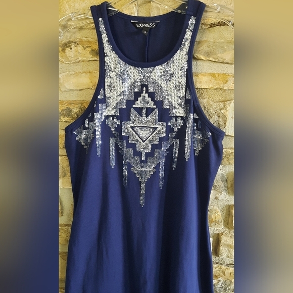 Express Bodycon Mini Dress Stretch Blue Silver Nautical Women's Size Medium - Picture 2 of 7